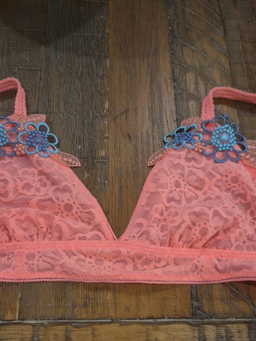 AerieCoral Lace Bralette with Blue Floral Appliqué